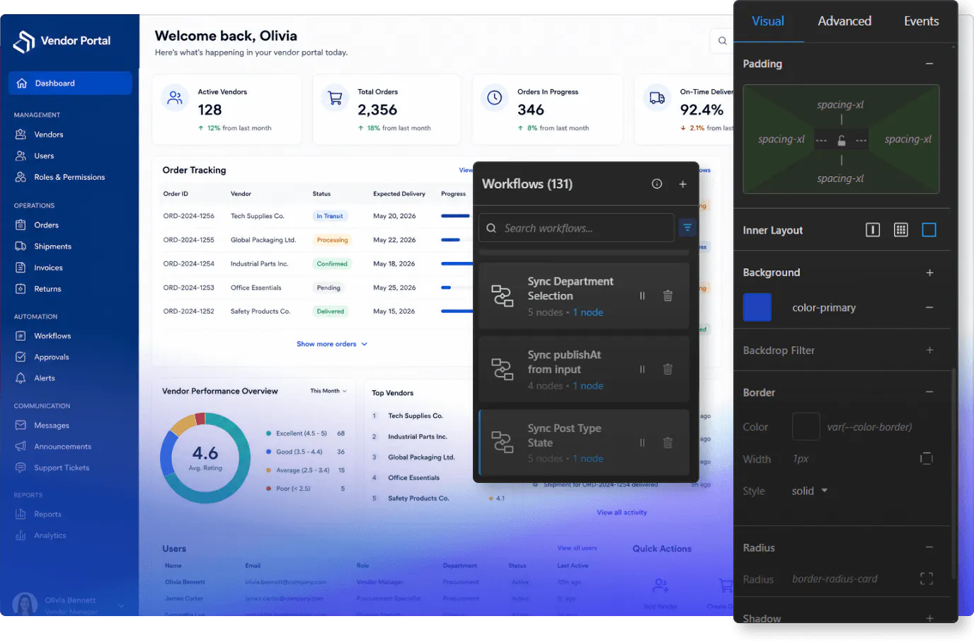 Vendor portal workflows and editor screenshot
